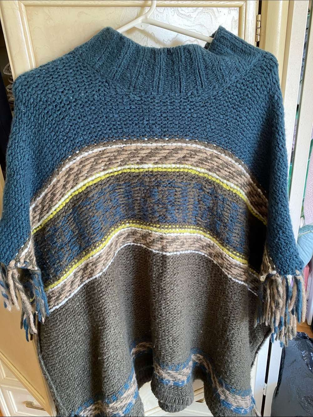 Free People Teal, Olive & Brown Fringe Poncho Sweater